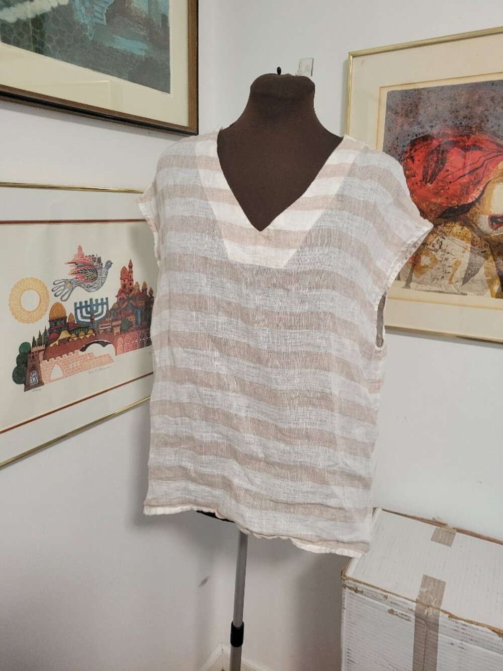 St. Tropez West 100% Linen Tan and White Striped Top